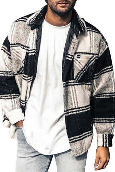 Popular Mens Jacket Plaid Pattern Long Sleeve Spread Collar Loose Jacket