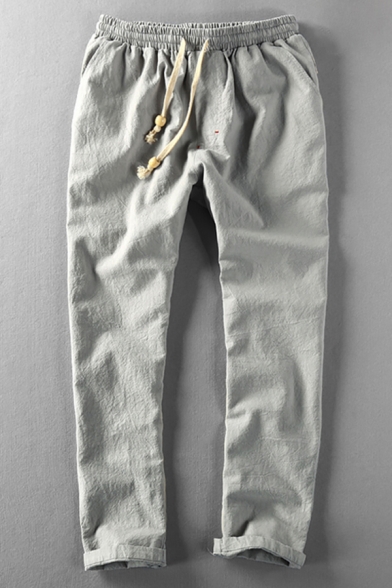 Simple Mens Pants Plain Ankle Length Drawstring Waist Straight Pants