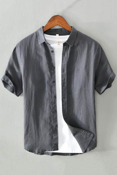 Simple Shirt Plain Short Sleeve Spread Collar Button Detailed Fitted Shirt Top for Men