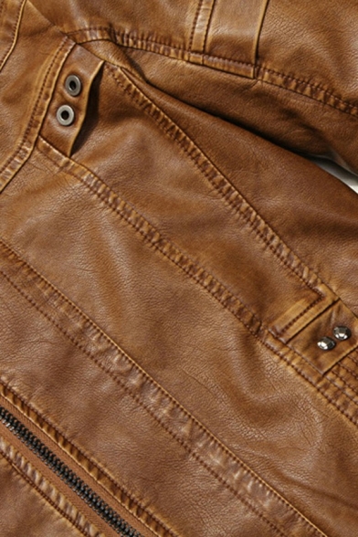 Street Style Mens Plain Zipper Closure Pocket Detail Stand Collar Long Sleeve Regular Fit PU Jacket