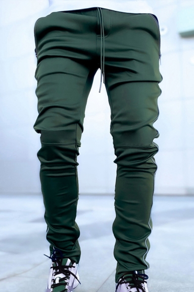 Streetwear Mens Pants Side Stripe Zipper Pocket Drawstring Waist Ankle Length Fitted Pants