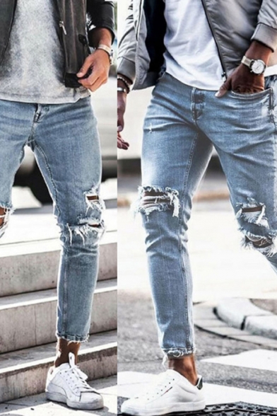 Trendy Jeans Blue Plain Distressed Bleach Mid Rise Ankle Length Slim Fitted Jeans for Men