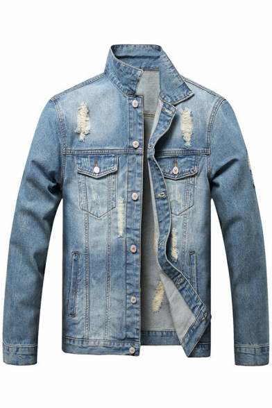 Trendy Mens Denim Jacket Solid Color Distressed Turn-down Collar Pocket Detailed Button-up Loose Denim Jacket