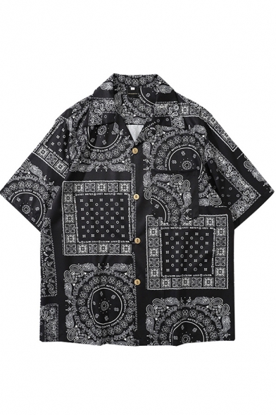 Trendy Shirt Scarf Printed Button Detailed Notched Collar Short Sleeves Regular Shirt for Men
