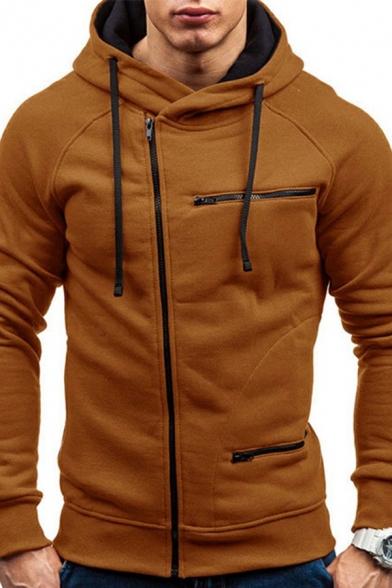 Unique Hoodie Contrasted Zip Closure Long Sleeve Drawstring Fitted Hoodie for Men