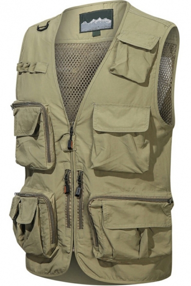 Urban Mens Vest Solid Color V-Neck Zipper Closure Multi Pockets Regular Fit Vest