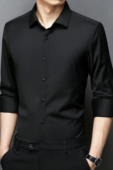 Basic Men's Shirt Pure Color Long Sleeves Button-down Slim Lapel Shirt