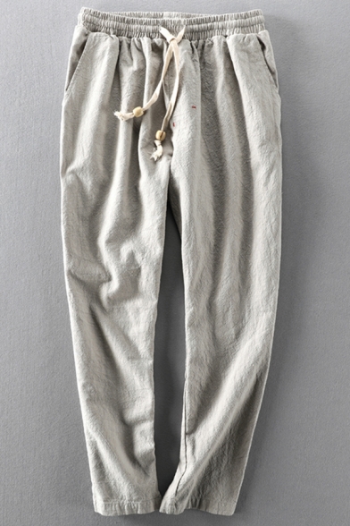 Basic Pants Plain Color Drawstring Rise Ankle Length Straight Pants for Men