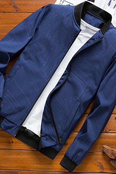 Classic Baseball Jacket Geometric Pattern Zip Closure Long Sleeve Regular Jacket for Men