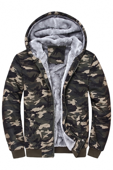 Cool Hoodie Camouflage Printed Full Zip Front Pocket Long-sleeved Regular Fitted Thicken Hoodie for Men