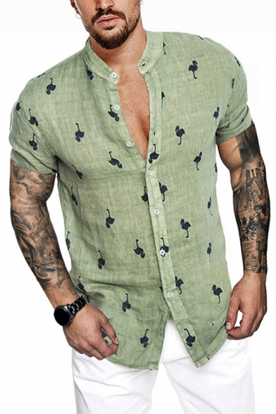 Cool Mens Shirt Linen and Cotton All over Flamingo Printed Short Sleeve Collarless Button Up Slim Shirt