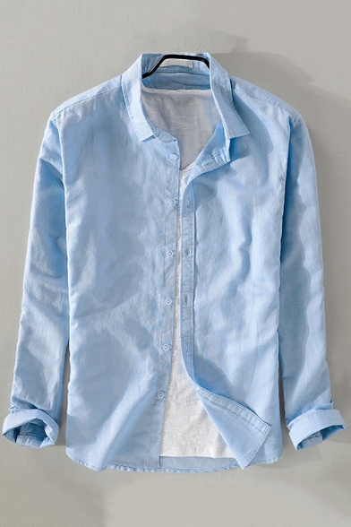 Elegant Shirt Pure Color Button-down Long Sleeve Turn Down Collar Regular Fit Shirt Top for Men