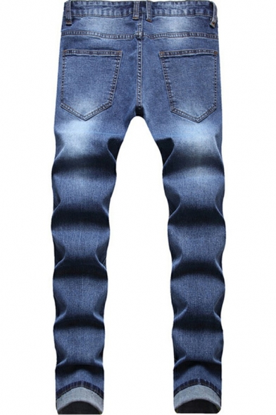 Fashionable Mens Jeans Distressed Washing Effect Zipper Fly Full Length Straight Jeans