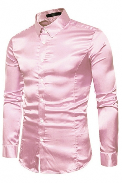 Fashionable Shirt Pure Color Button Closure Long-Sleeved Lapel Slim Shirt for Men