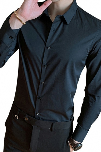 Formal Mens Shirt Solid Color Long Sleeve Spread Collar Button Up Slim Fitted Shirt Top