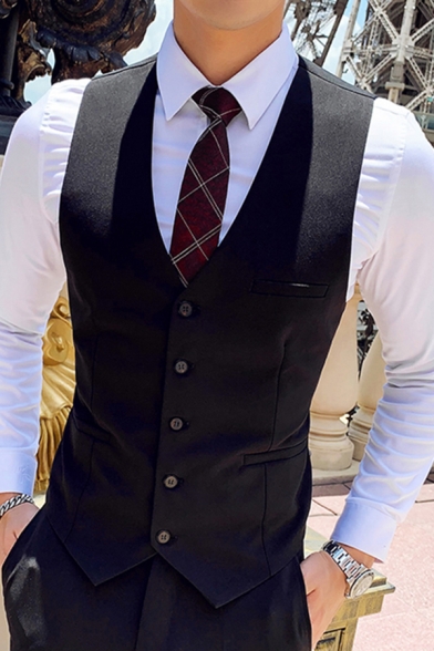 Formal Suit Vest Plain Pocket Detail V-Neck Single Breasted Slim Suit Vest for Men