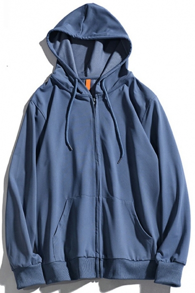 Leisure Drawstring Hoodie Pure Color Zip Up Long Sleeve Relaxed Fitted Hoodie for Guys