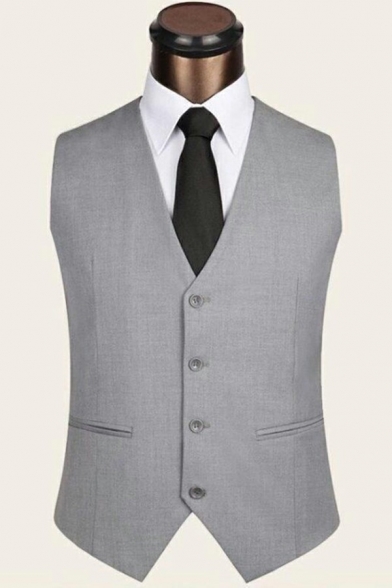 Men Basic Vest Pure Color V Neck Button-down Sleeveless Pockets Detail Slim Fitted Suit Vest