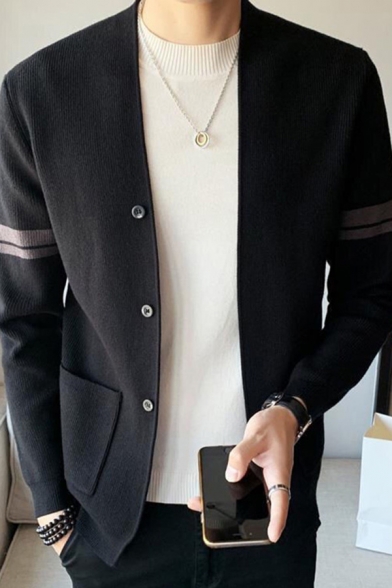 Men Chic Cardigan Stripe Pattern Knitted Long Sleeve Button-down Slim Fitted Cardigan