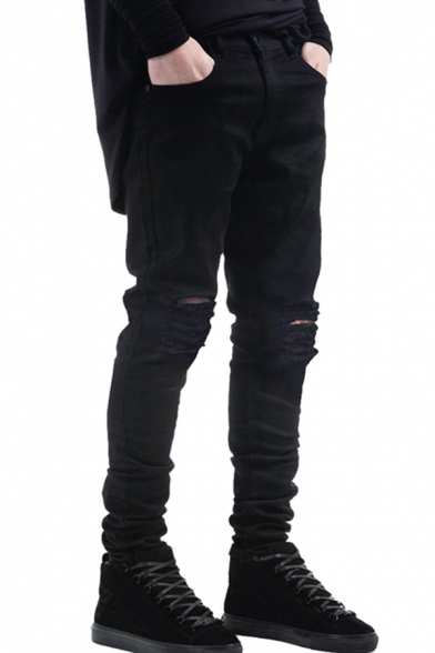 Men Fashionable Jeans Plain Distressed Zip-Fly Stretch Denim Two-Pocket Styling Slim Jeans