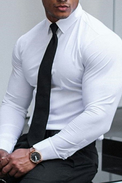 Men Modern Dress Shirt Plain Turn-down Collar Button Closure Long Sleeve Skinny Fitted Shirt