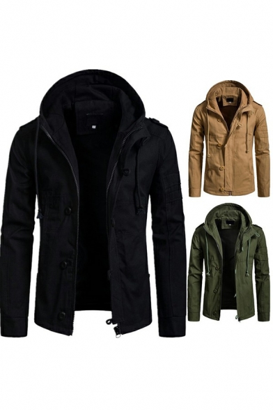 Men Popular Jacket Pure Color Button Detail Zip Closure Long Sleeve Fitted Hooded Jacket