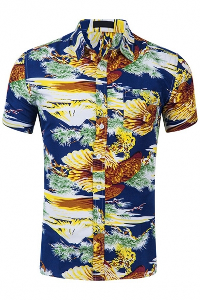 Men Popular Shirt Tropical Flamingo Patterned Lapel Collar Button Closure Short-sleeved Slim Fit Shirt