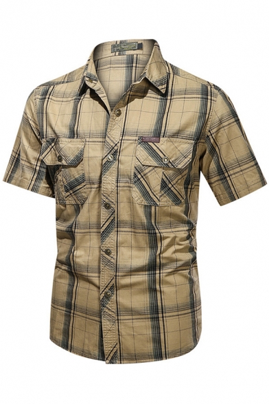 Mens Basic Shirt Plaid Print Button-Up Short-Sleeved Slim Work Shirt