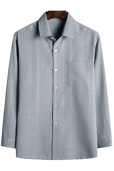 Mens Leisure Shirt Stripe Pattern Chest Pocket Long Sleeve Turn Down Collar Button Closure Relaxed Shirt