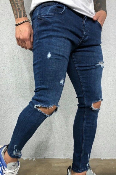 Popular Distressed Jeans Dark Wash Knee Cut Pockets Full Length Slim Fit Jeans for Men