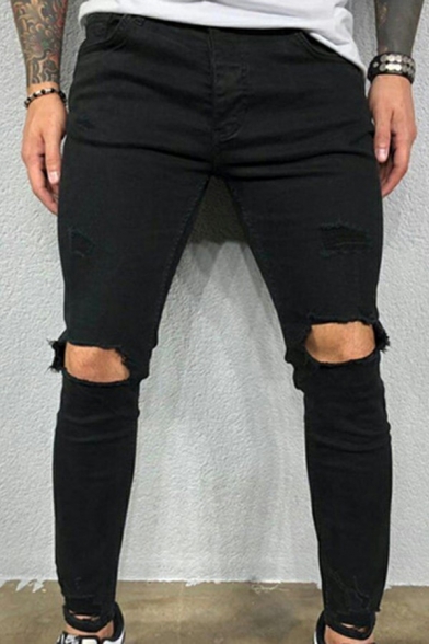 Popular Distressed Jeans Dark Wash Knee Cut Pockets Full Length Slim Fit Jeans for Men