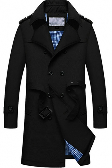 Popular Mens Trench Coat Solid Color Belted Double Breasted Long Sleeve Lapel Collar Slim Fit Trench Coat