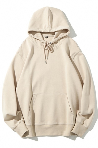 Simple Hoodie Plain Kangaroo Pocket Long-sleeved Drawstring Loose Hooded Sweatshirt for Men