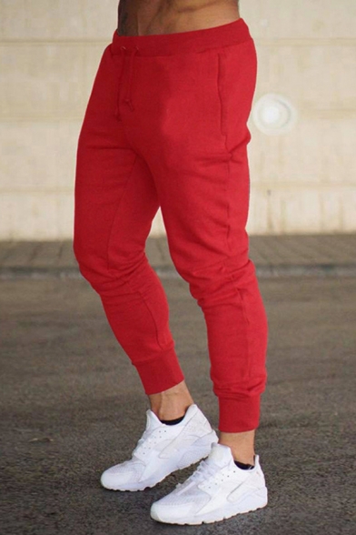 Simple Mens Sweatpants Solid Color Drawstring Waist Ankle Length Fit Sweatpants