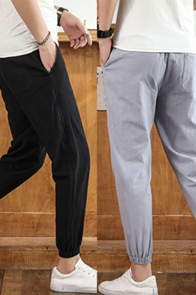 Simple Pants Plain Pocket Decorated Drawstrings Waist Tapered Pants for Guys