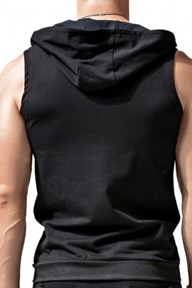 Sporty Plain Men's Vest Zip Closure Front Pockets Rib Knit Hem Fitted Hooded Vest