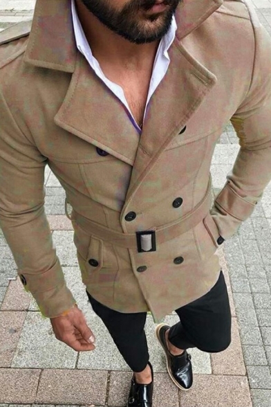 Street Style Mens Coat Plain Long Sleeve Notched Collar Double Breasted Slim Fitted Trench Coat