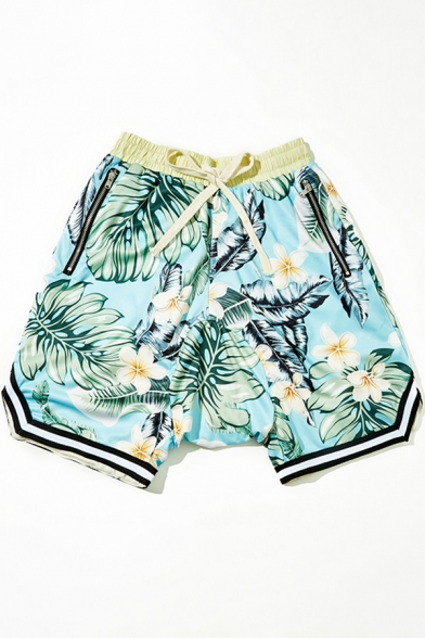 Stylish Beach Shorts Leaf Patterned Drawstring Waist Loose Fitted Shorts for Men