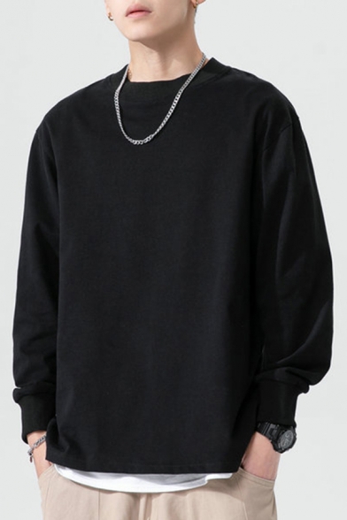 Stylish Sweatshirt Pure Color Long Sleeve Crew Neck Loose Fitted Pullover Sweatshirt for Men