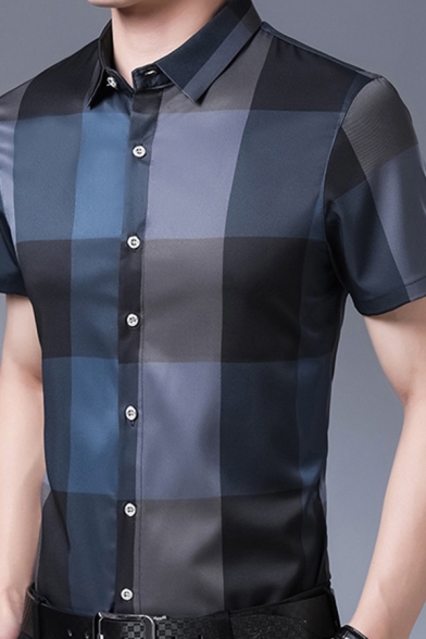 Trendy Men's Shirt Square Plaid Print Button-down Short-Sleeved Slim Lapel Shirt