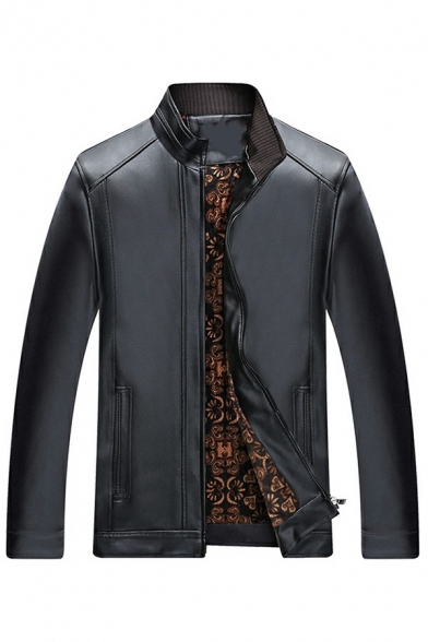 Trendy PU Jacket Pure Color Zipper Closure Lapel Collar Long Sleeves Fitted PU Jacket for Men