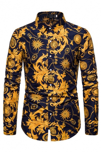 Trendy Shirt All over Floral Printed Stand Collar Long Sleeve Button-down Slim Fit Shirt for Men