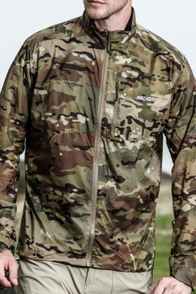 Trendy Trench Coat Camouflage Print Zip Closure Long Sleeves Stand Collar Regular Trench Coat for Men