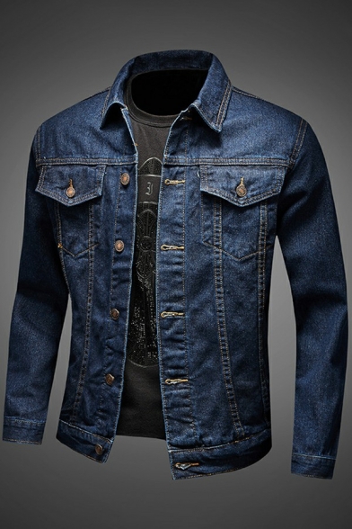 Vintage Men's Jacket Turn Down Collar Single-Breasted Flap Pockets Fitted Denim Jacket