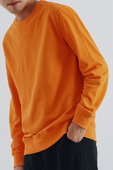 Basic Sweatshirt Pure Color Long Sleeve Crew Neck Loose Pullover Sweatshirt Top for Men