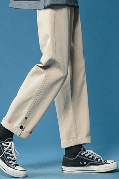Boyish Pants Solid Color Pockets Ankle Button Decorated Loose Pants for Men