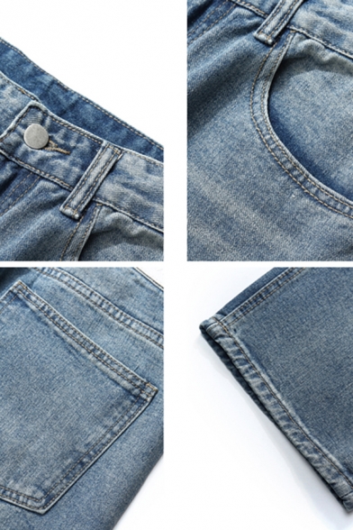 Casual Blue Jeans Plain Zip Closure Stretch Denim Two-Pocket Styling Mid-Washing Regular Jeans for Men