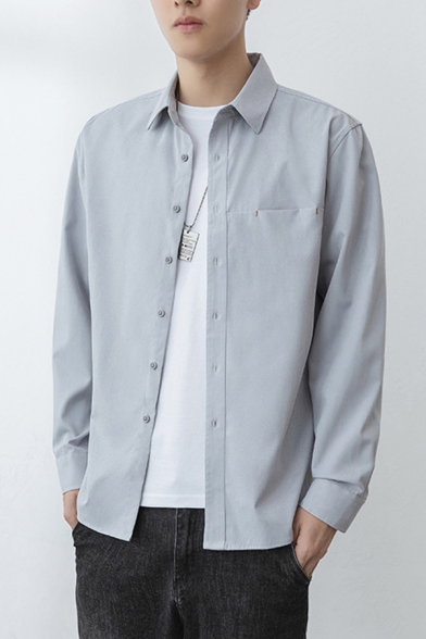 Casual Men's Shirt Solid Color Front Pocket Decorated Long-Sleeved Point Collar Button up Relaxed Fitted Shirt Top
