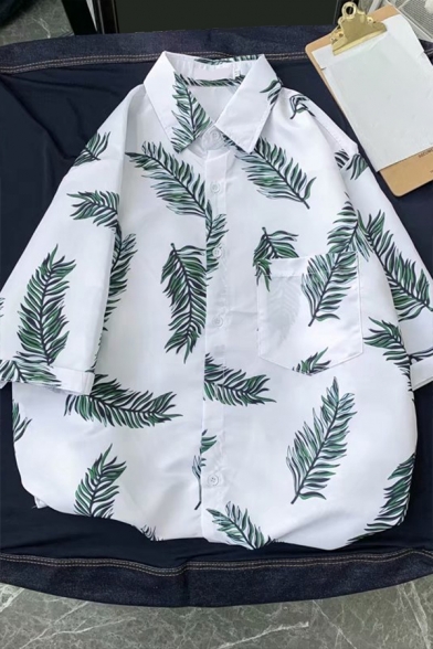 Casual Shirt All over Leaf Pattern Button up Short Sleeve Lapel Loose Shirt for Men