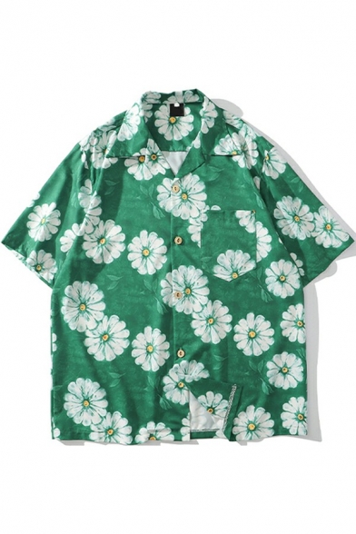 Casual Shirt Daisy Flower Printed Short Sleeve Spread Collar Button-down Relaxed Fit Shirt Top for Men